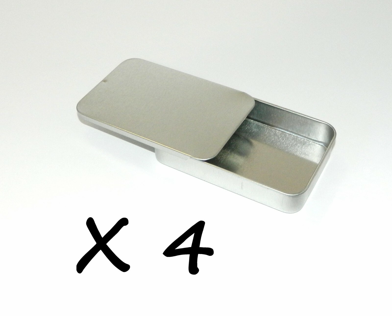 3 3/8 x 2 1/8 x 5/8 in Shallow Rectangular Slide Top Lid Tin Box Container x 4