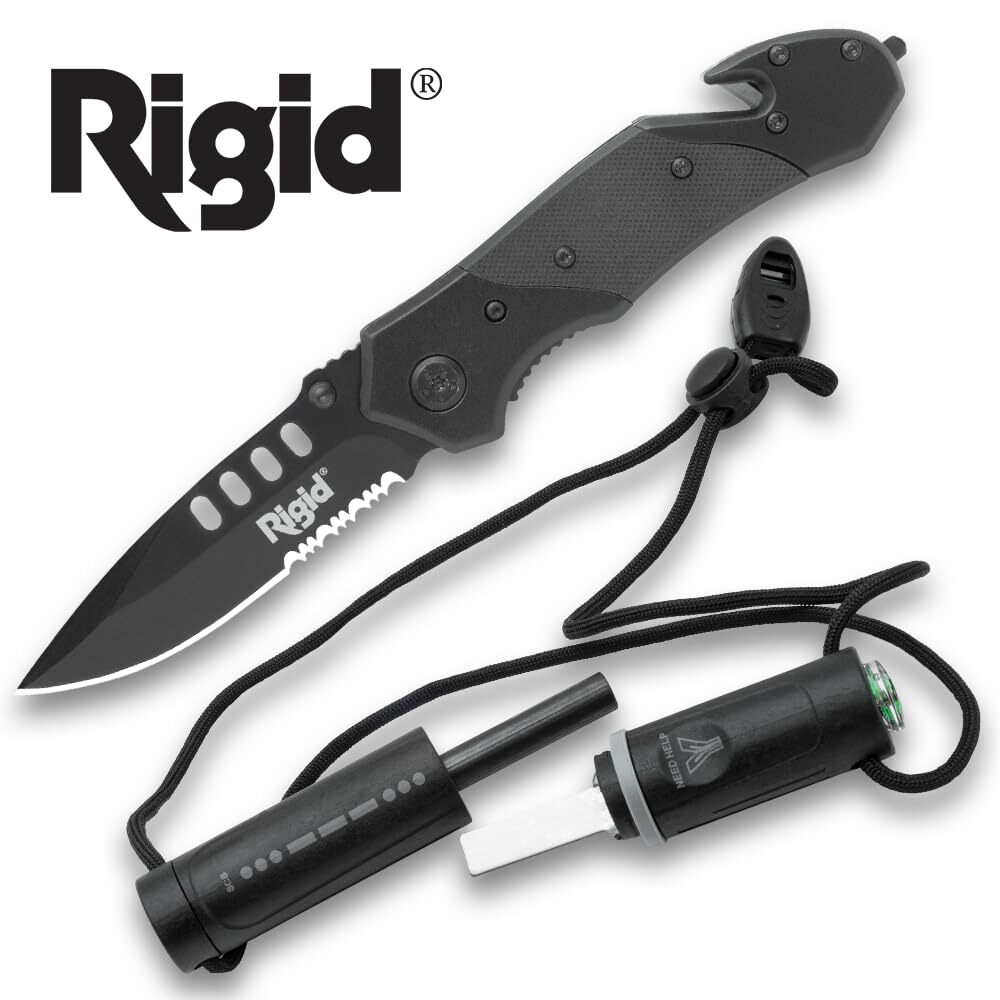Rigid Pocket Knife and Fire Starter Survival Set | Integrated Compass & Whistle