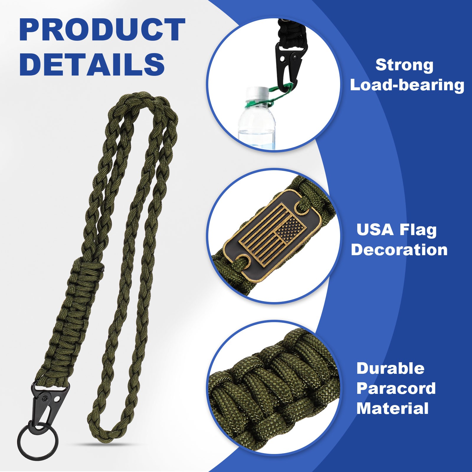 Paracord Lanyard, Strong Lanyard with USA Flag, Olive Green