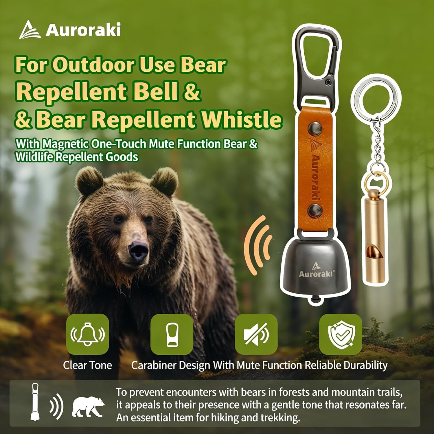 Auroraki’s Loud Bear Bell with Magnetic Silencer for Bear Deterrent, Survival, C