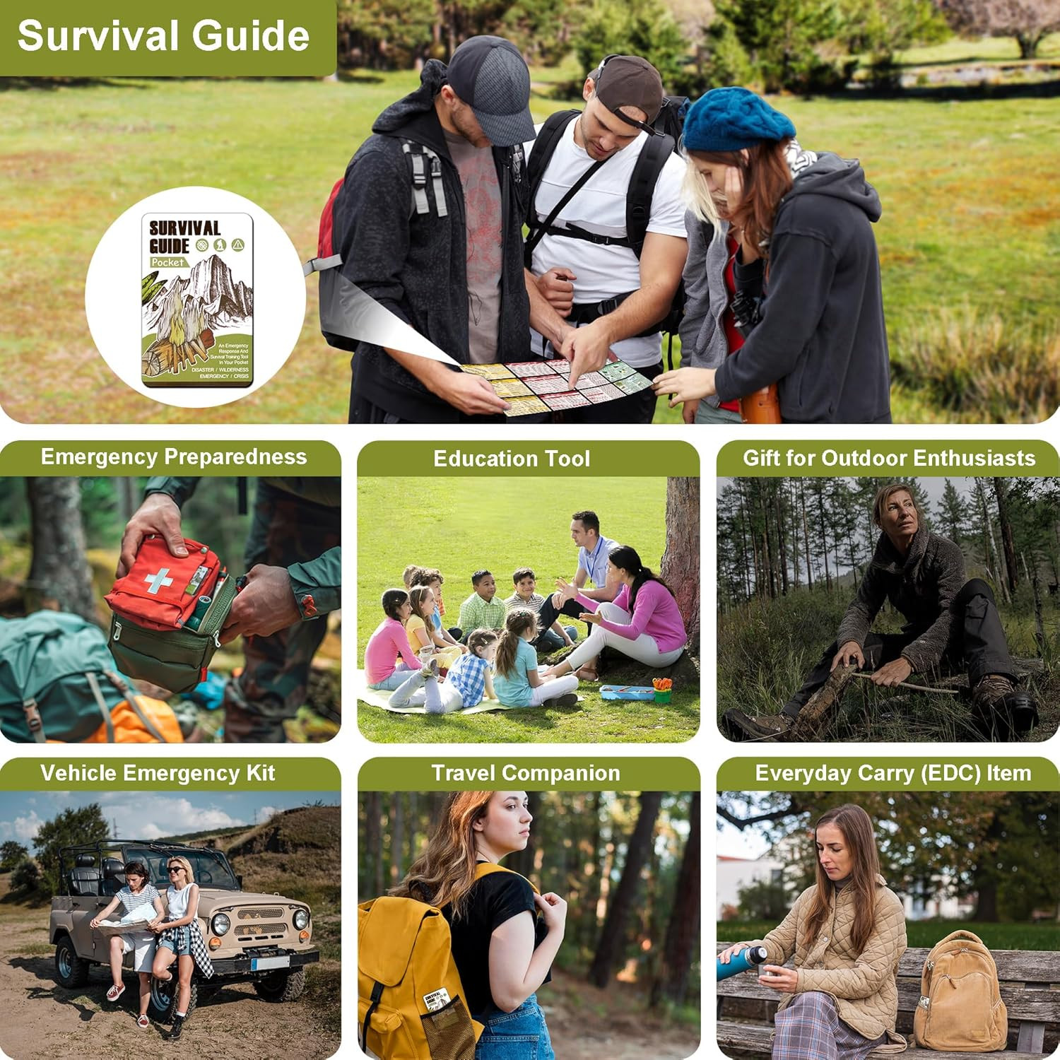 Pocket Survival Guide Waterproof Emergency Skills Card w Magnifier Tool