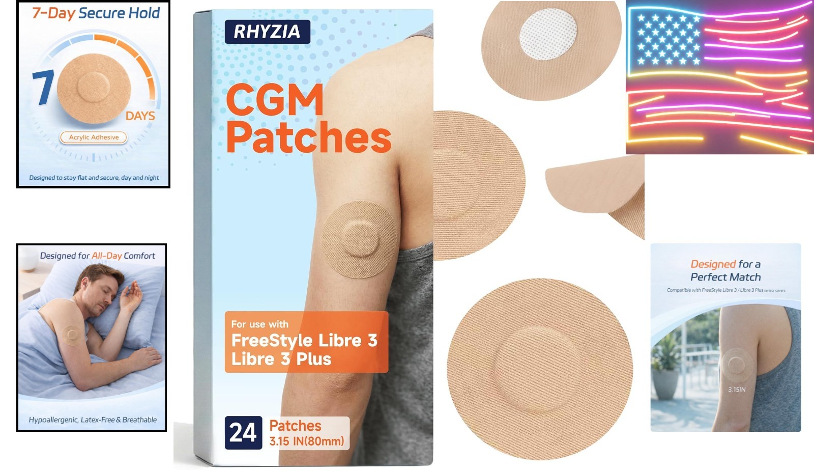Freestyle Libre 3/Libre 3 Plus Sensor Covers, 24-Pack CGM Adhesive Patches, U…