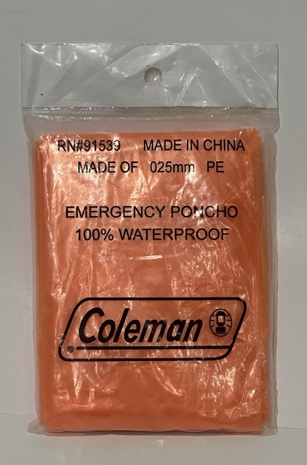 Coleman Emergency Poncho 100% Waterproof 025 mm PE Disposable Orange SEALED