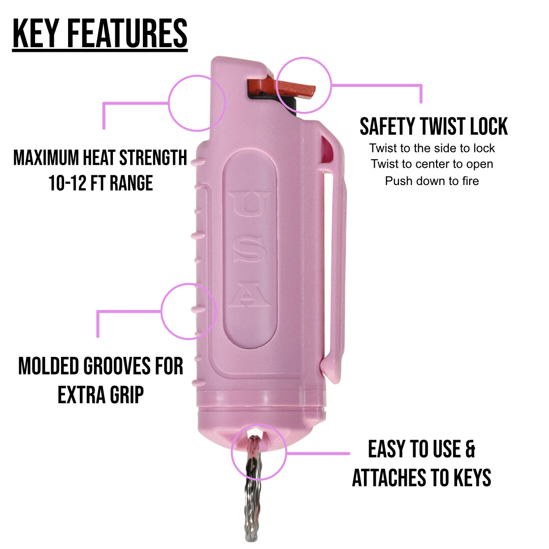 Police Magnum pepper spray .50oz pink molded keychain QR self defense protection