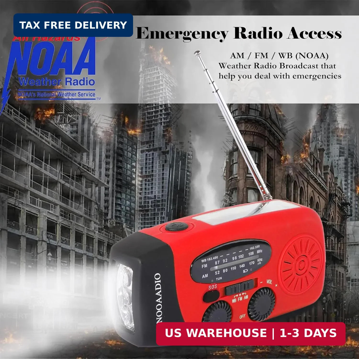2000mAh SOS Alarm Emergency AM FM Weather Radio, 3LED Type-C Hand Crank Solar Ba