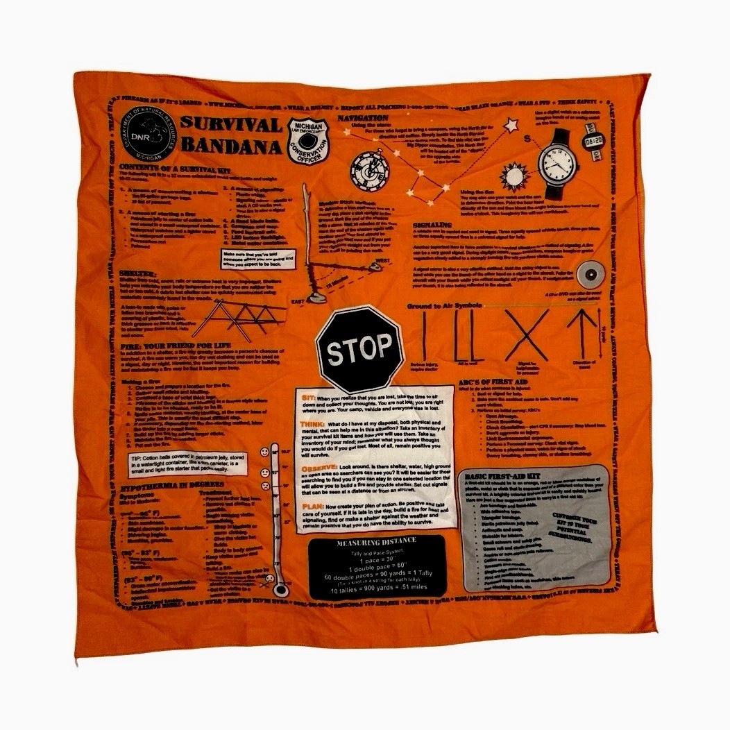 Survival Bandana Michigan DNR Blaze Orange Emergency First Aid Scarf Hiking