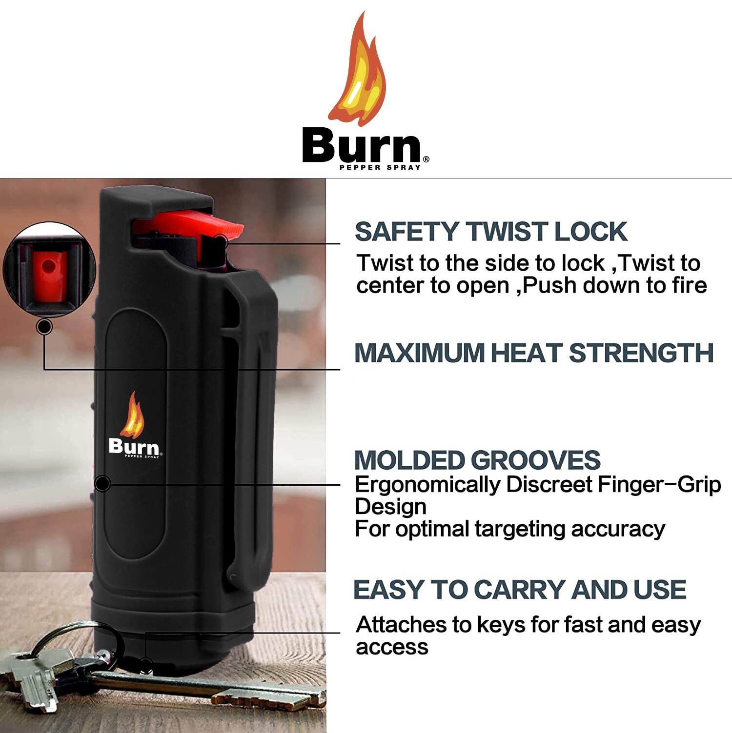 BURN Keychain Pepper spray Self Defense – 1 Pack .50oz Black