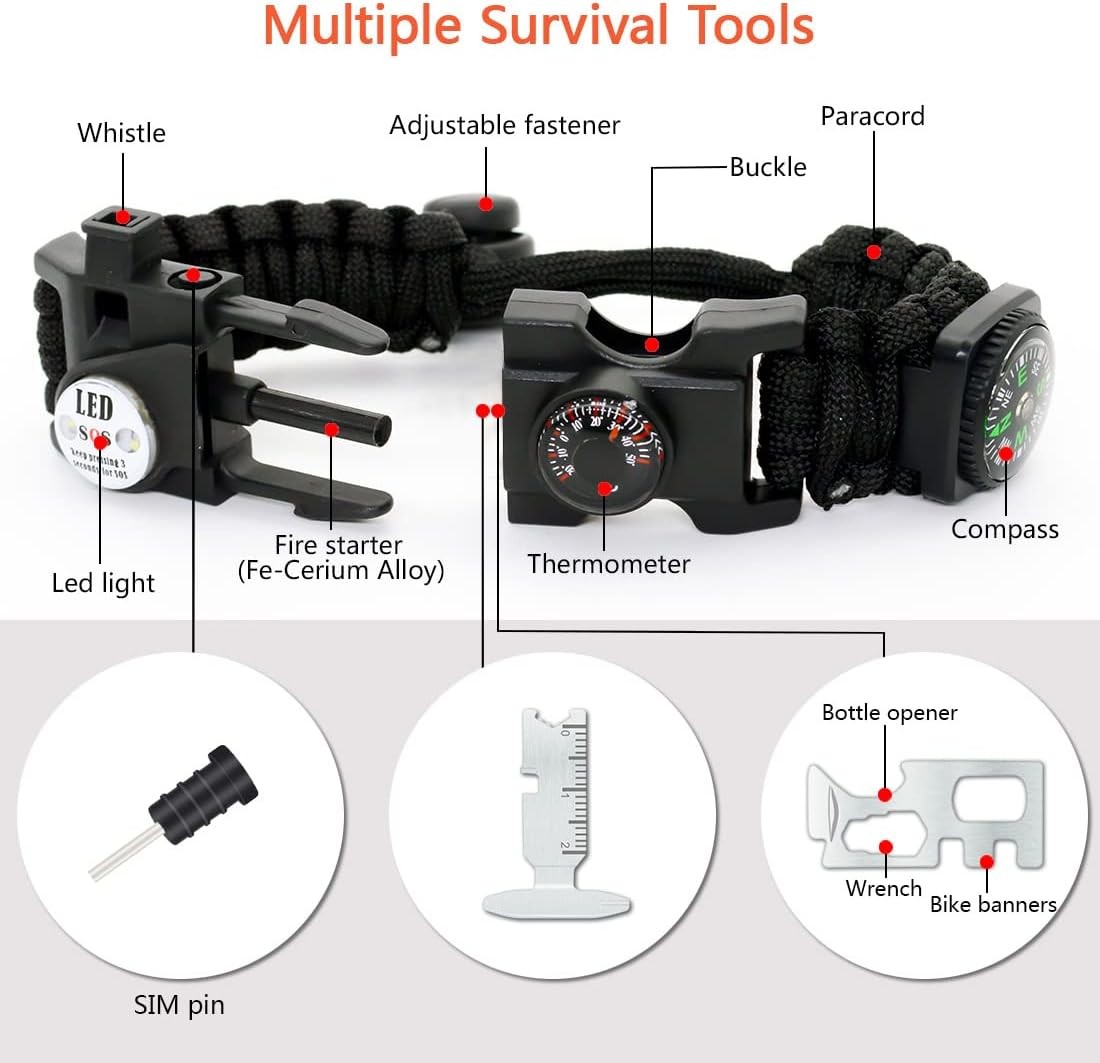 20 in 1 Survival Paracord Bracelet Adjustable Gear Kit with SOS LED Light, Fire
