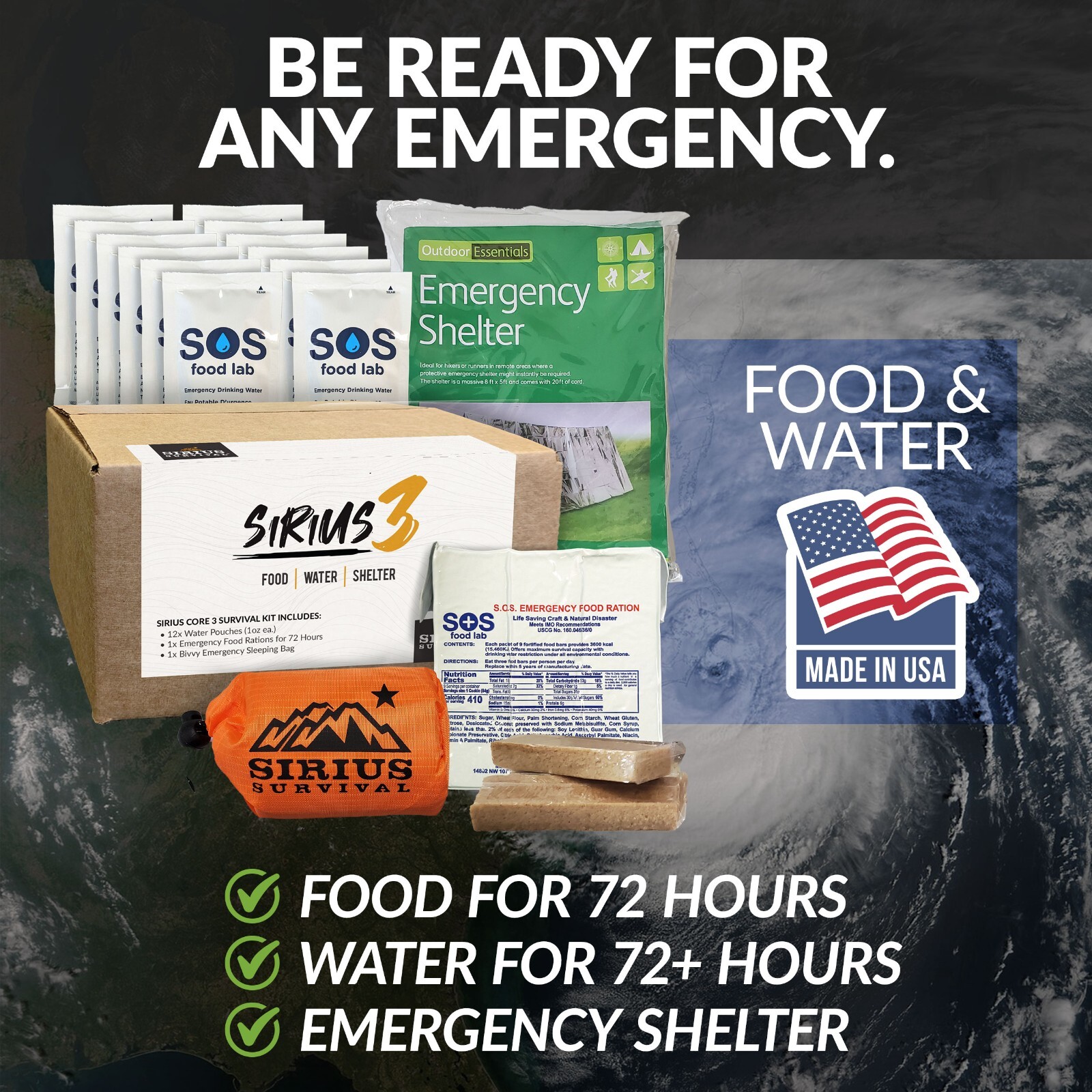 The Sirius 3 Survival Kit & Emergency Prep – Food, Water & Shelter for 72 Hours