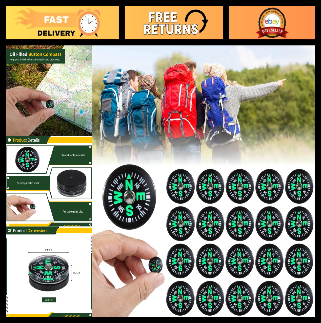 200 Pcs Mini Oil Filled Pocket Compasses – Portable Survival Gear for Hiking, Ca