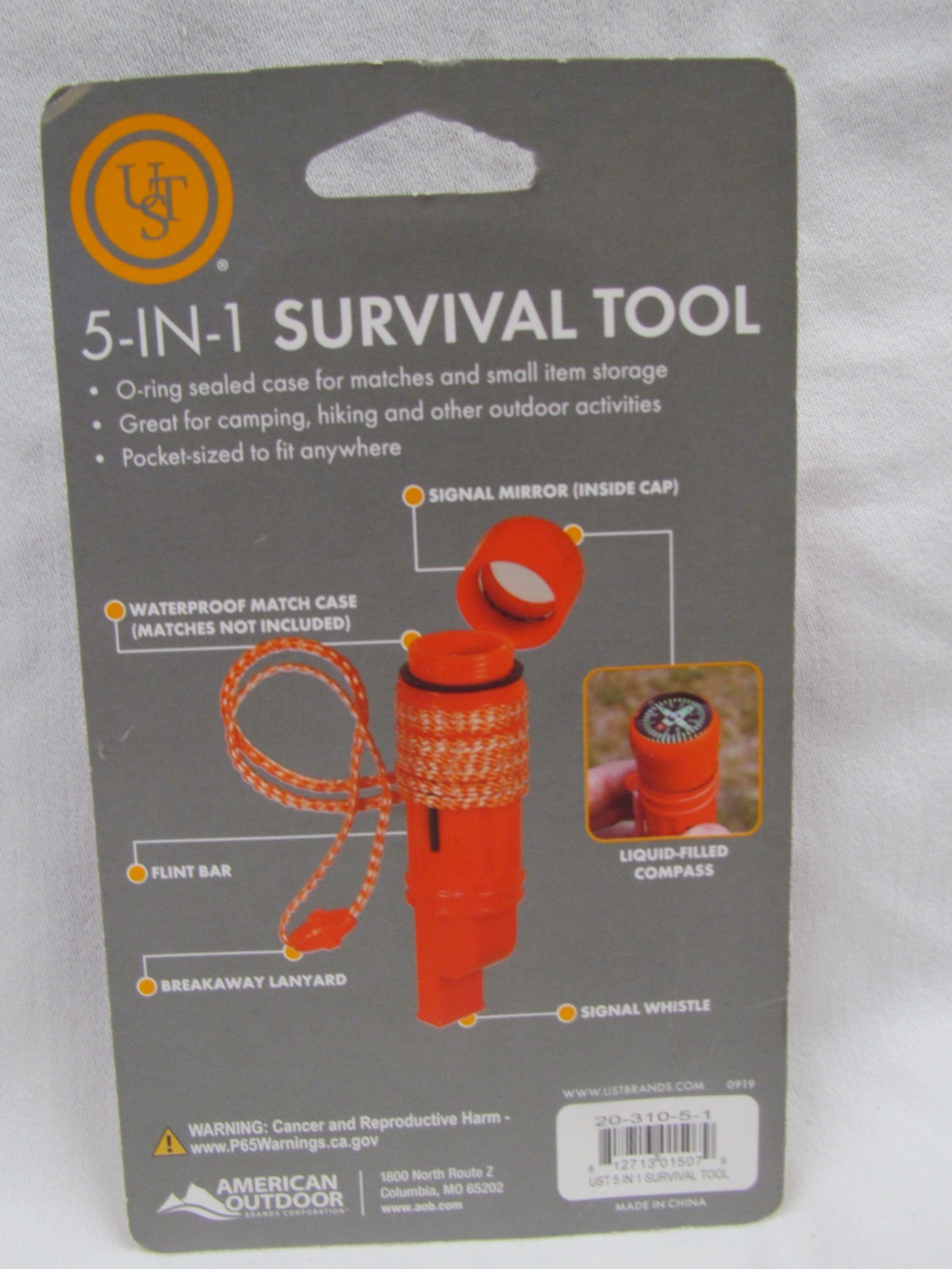 Survival Tool 5-In-1 Whistle Compass Flint Bar Signal Mirror Waterproof Case NEW
