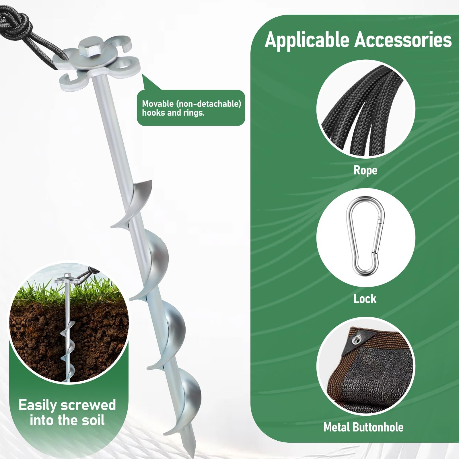 4 Pack Screw In Ground Anchors Heavy Duty Spiral Tent Stakes Silver Set