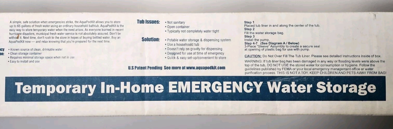 New Unused AquaPod Kit Temporary In-Home Bathtub Emergency Water Storage 65 Gal