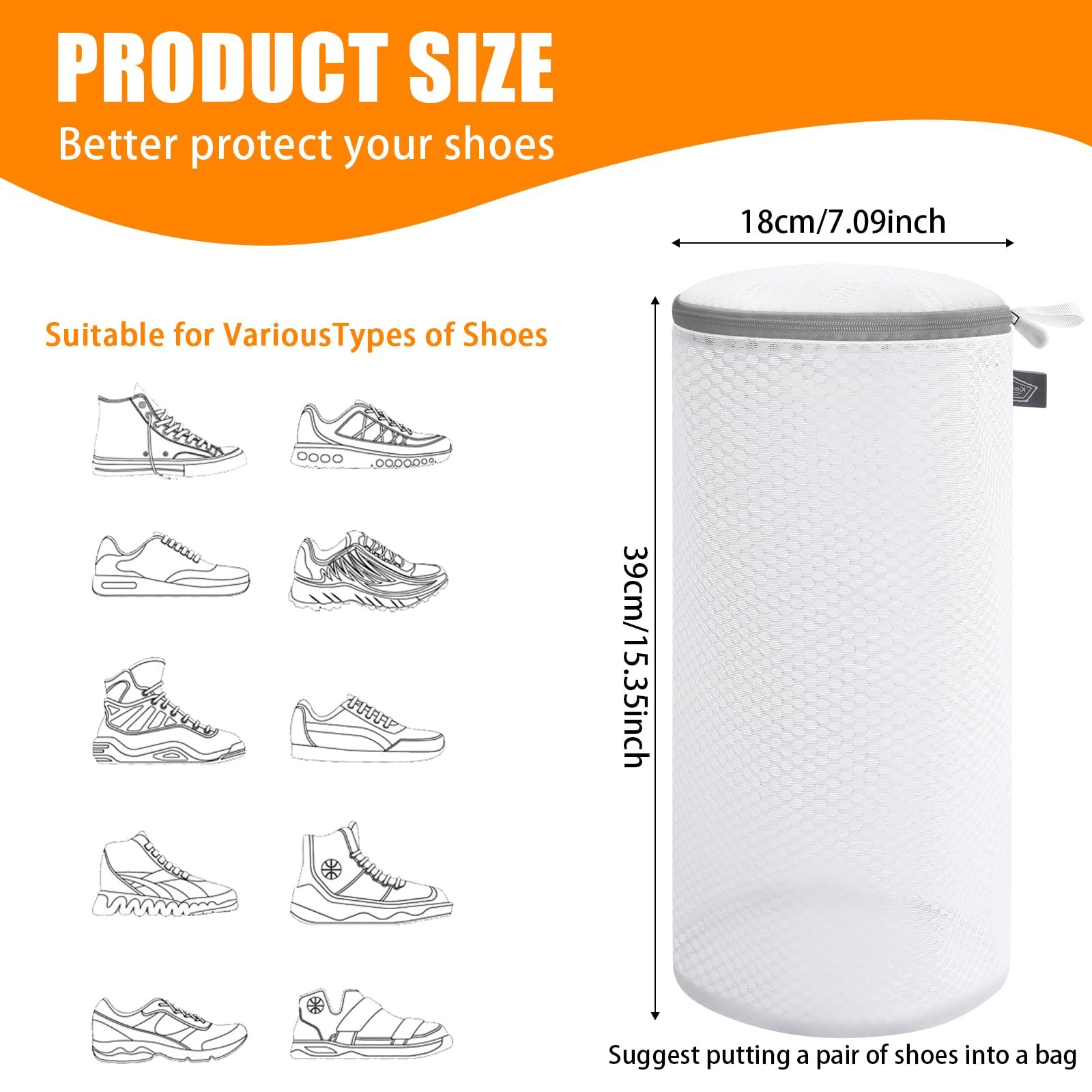 Kimmama Shoe Washing Machine Bag, Bag for 2L(7x7x15″), White