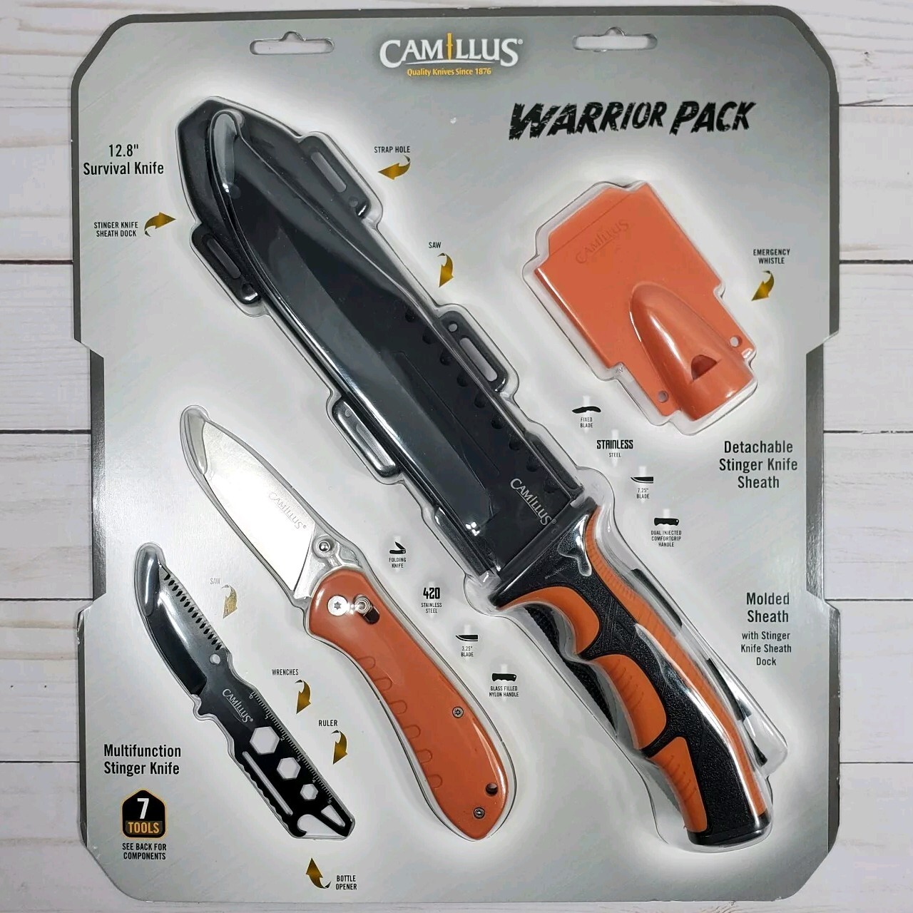 Camillus Warrior Pack 12.8″ Survival Knife, Stinger Folding Hi-Vis Hunt Camp