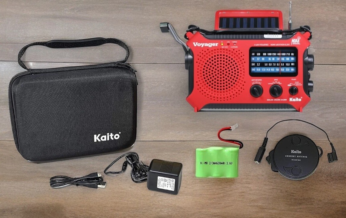 Kaito KA500 Weather Radio Solar Crank Bundle with Case AC Adapter Antenna Batt