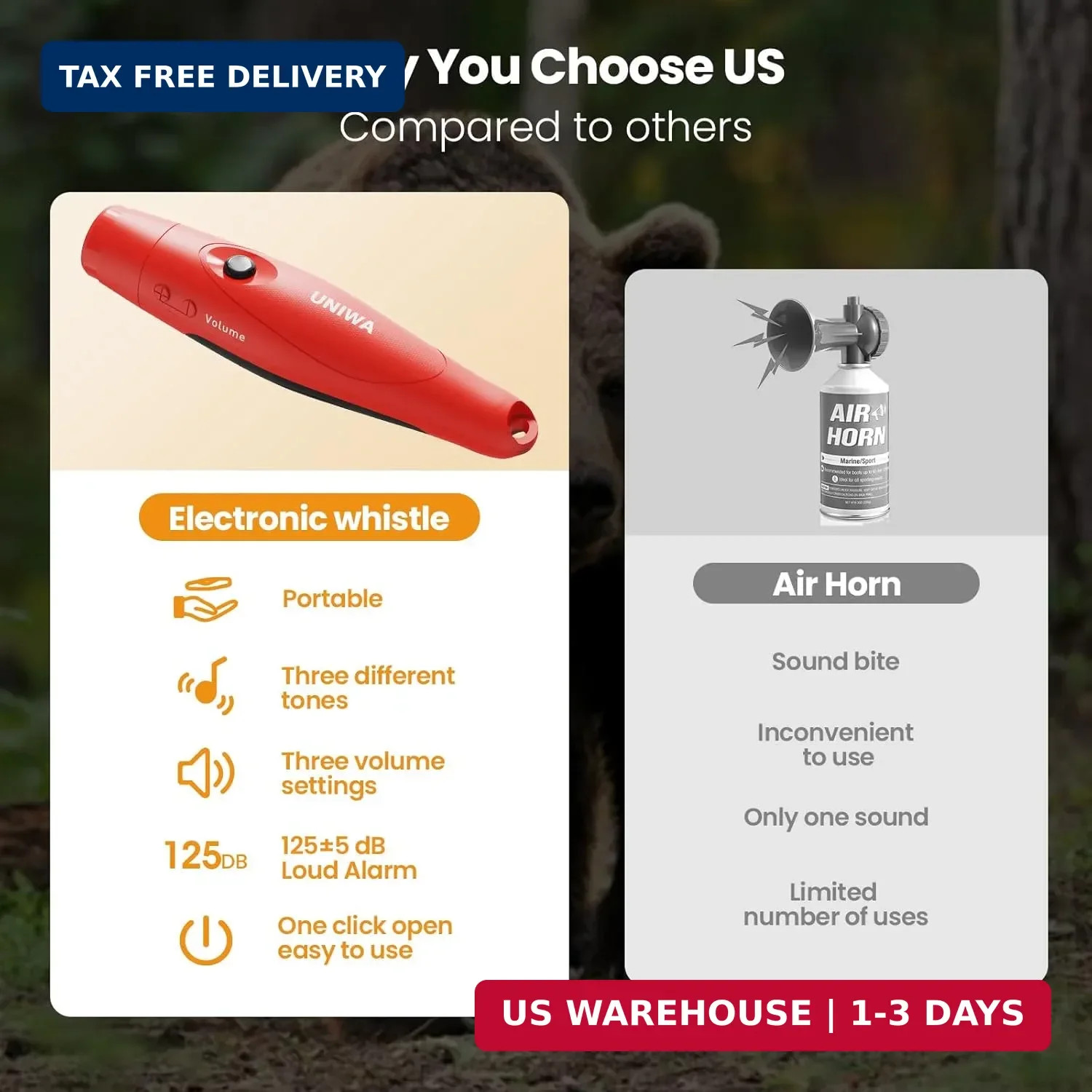 UNIWA Bear Horn – 125± dB Loud Safety Alarm with Compass & Retractable Hook, Com