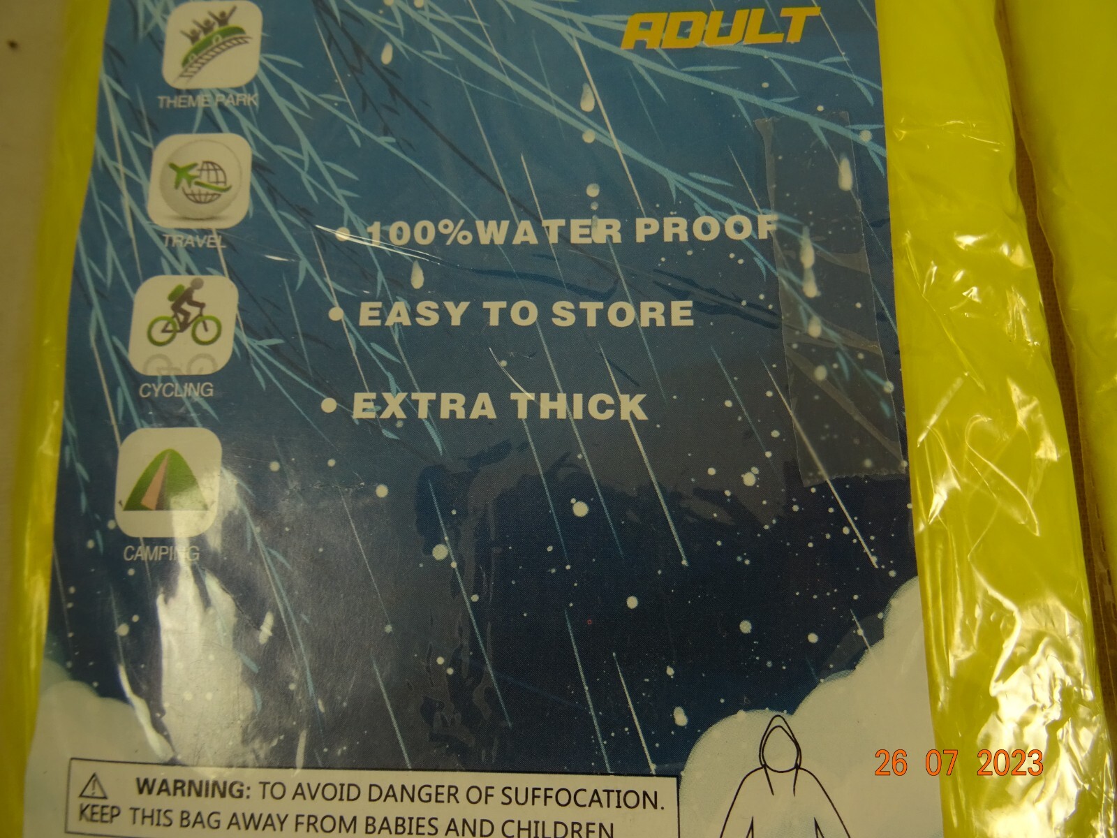Rain Poncho Hooded 100% waterproof extra thick OSFM Adult 2 pieces Yellow NEW