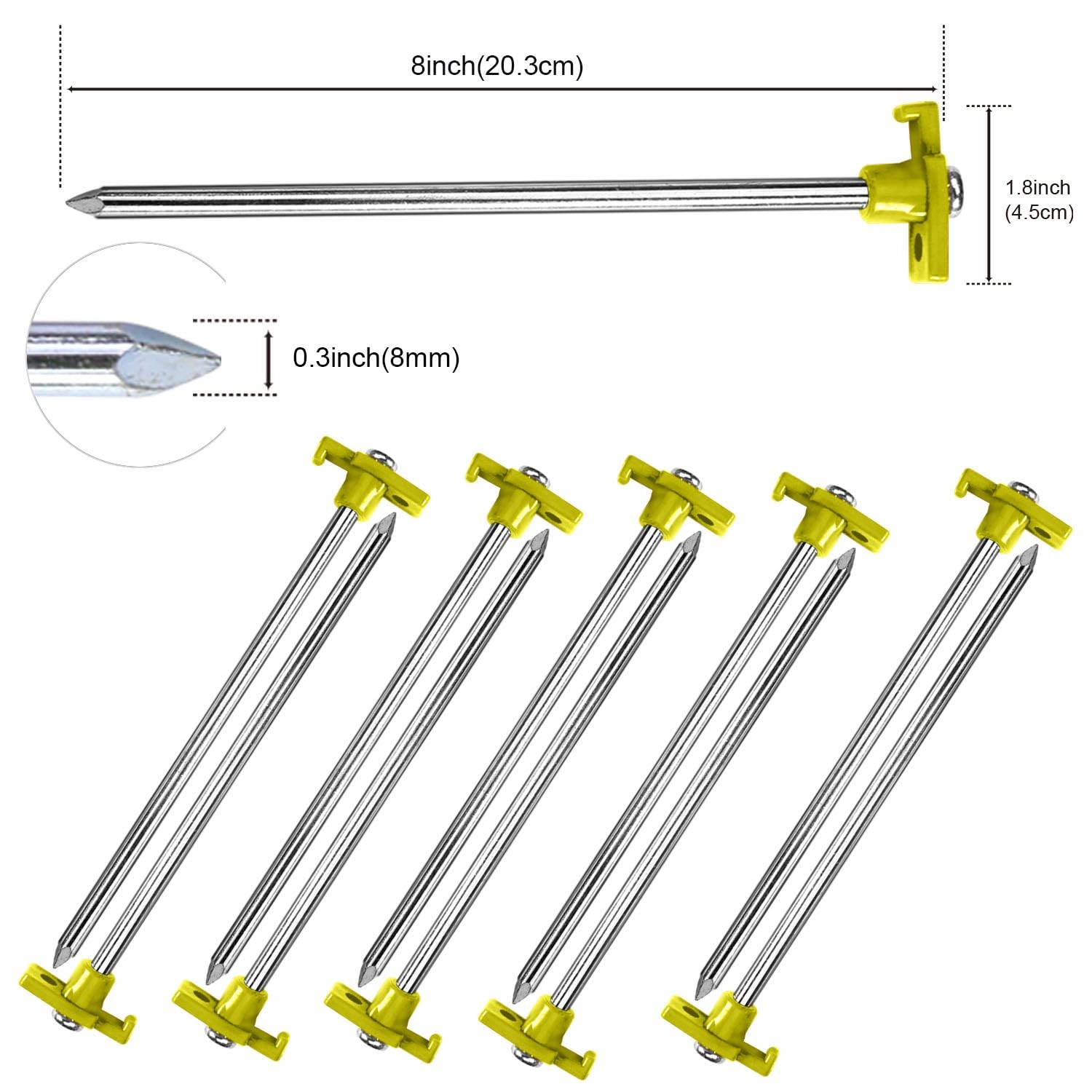 ABCCANOPY 8 Inch Tent Stakes 10 Pcs Non-Rust Metal Ground 8 inch, yellow