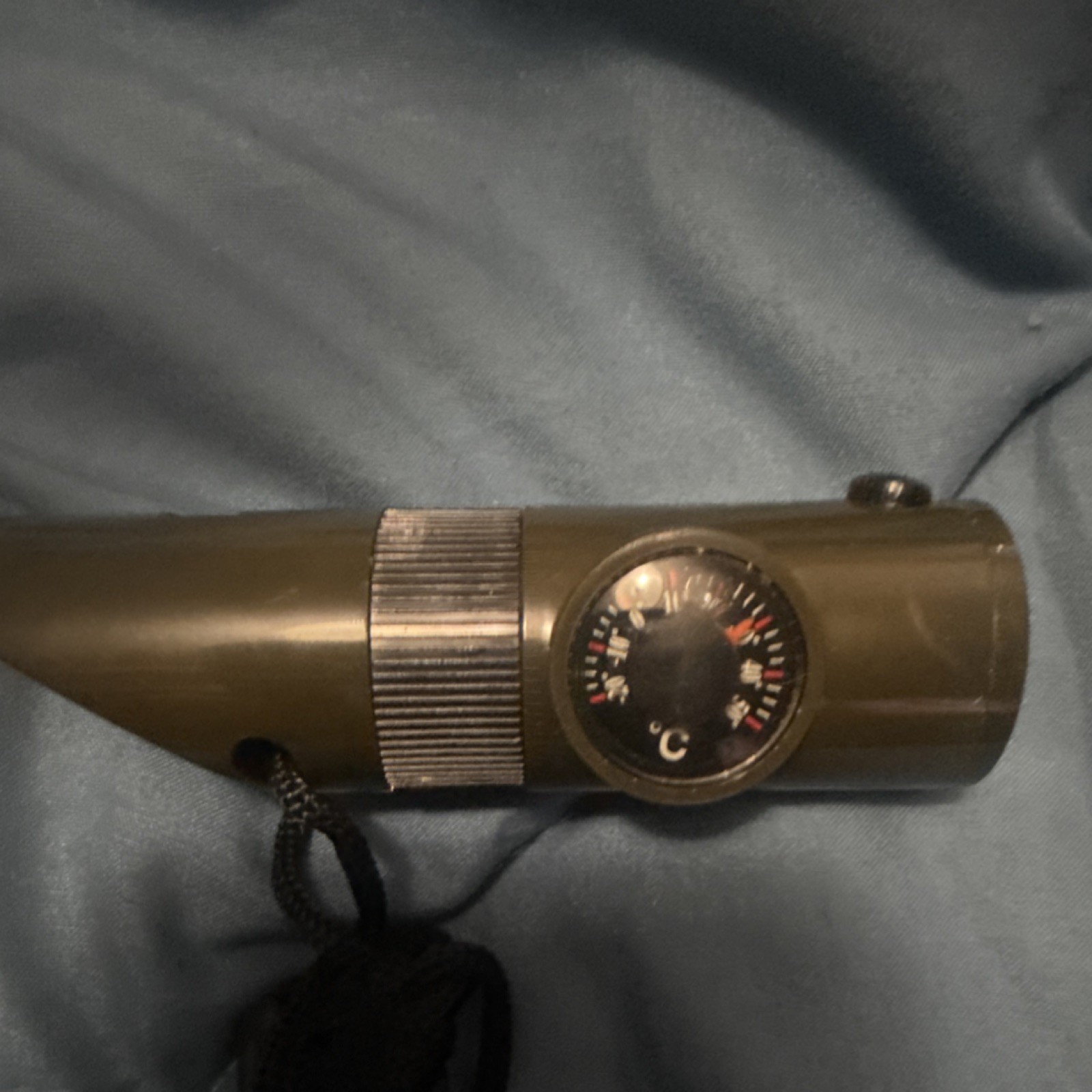 Olive Green Survival Whistle with Compass, Thermometer, Flashlight, Lanyard