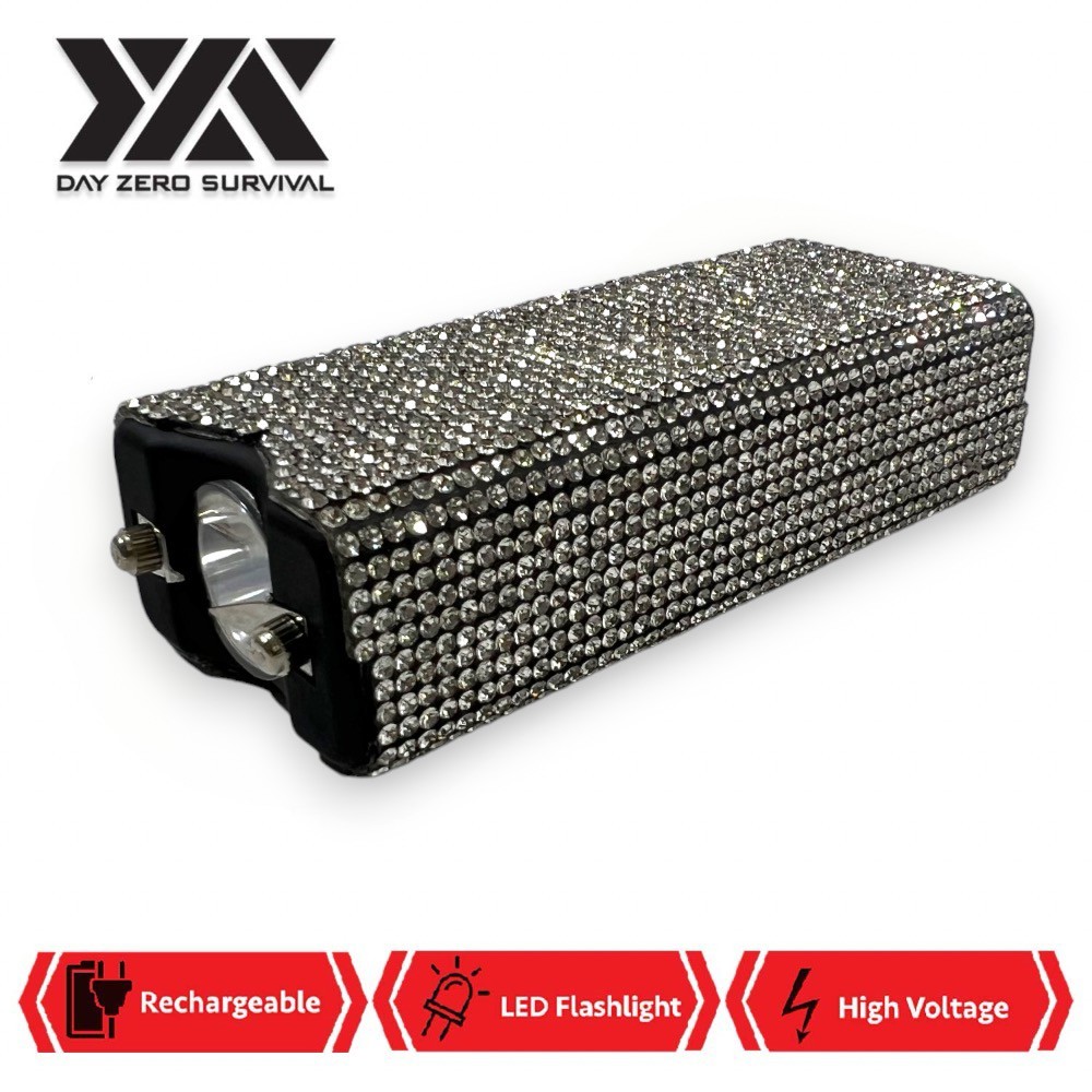 New Silver Bling Jeweled Rhinestone Rechargeable Self Defense Stun Gun