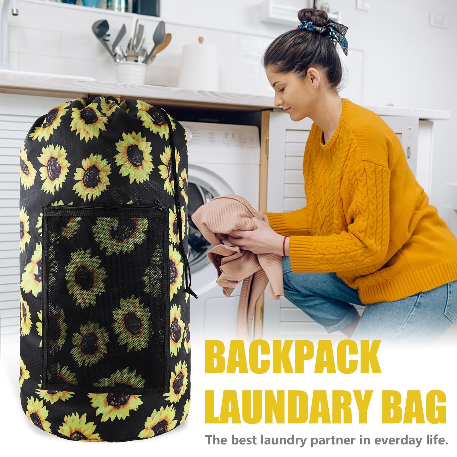Olosar Laundry Bag Backpack, Extra Large Travel 1Pack, Sunflower