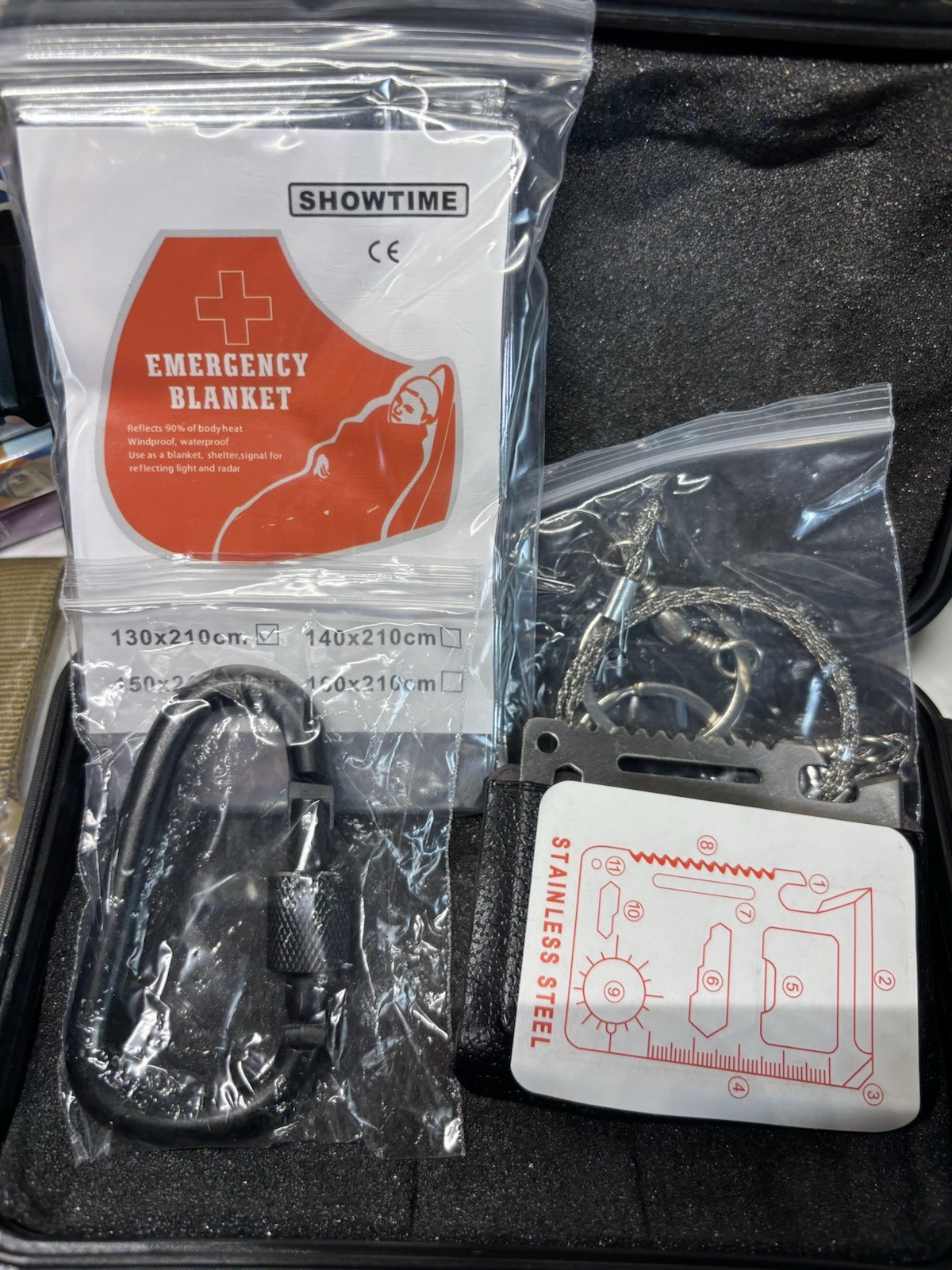 Waterproof Black Survival Kit w/ 140x210cm Blanket, Flashlight etc