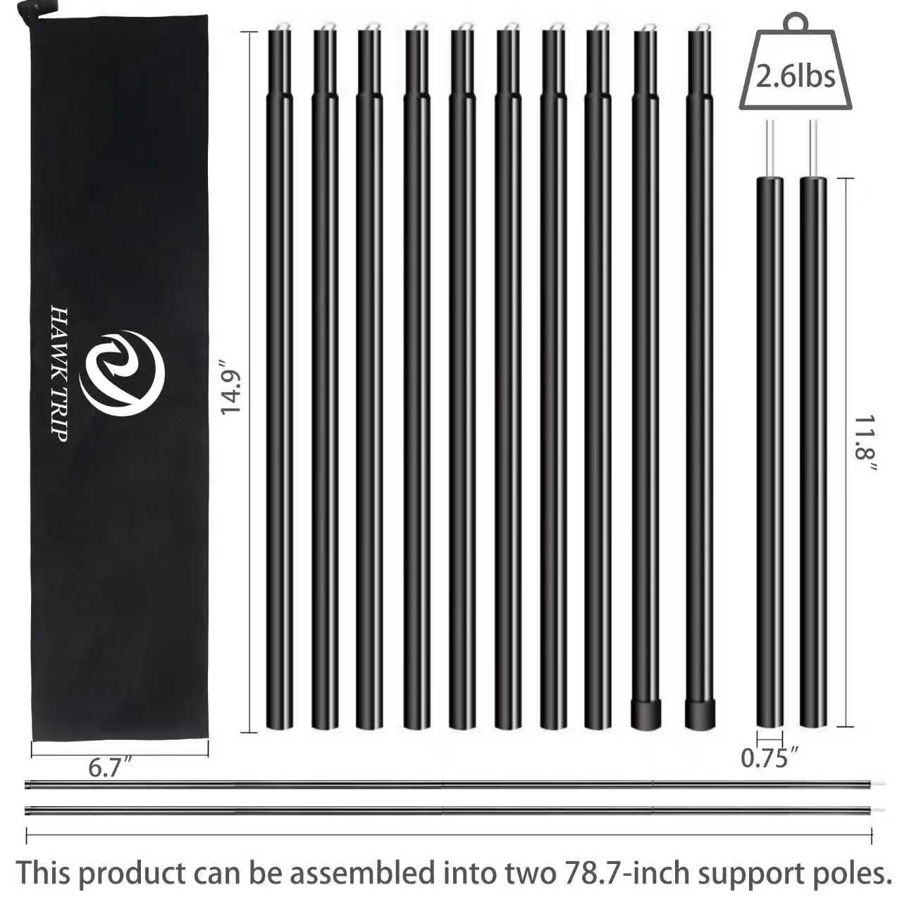 Camping Tarp Poles Tent Adjustable 80.7 inches, Dia 0.75″/Length 80.7″
