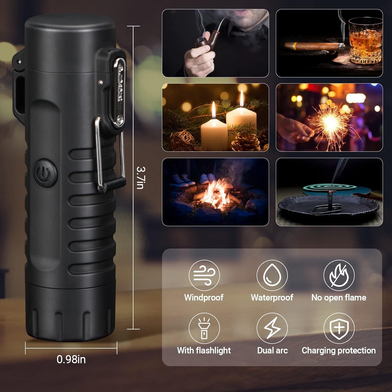 Scotte Plasma Windproof Arc Lighter LED Flashlight 2-in-1 Black