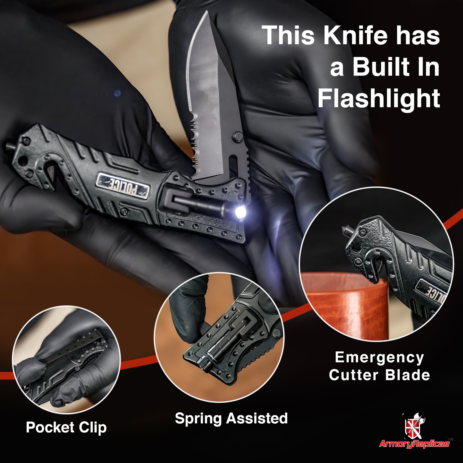 Lethal Defender Emergency Knife | LED Light Pocket Assisted Folding Police Black