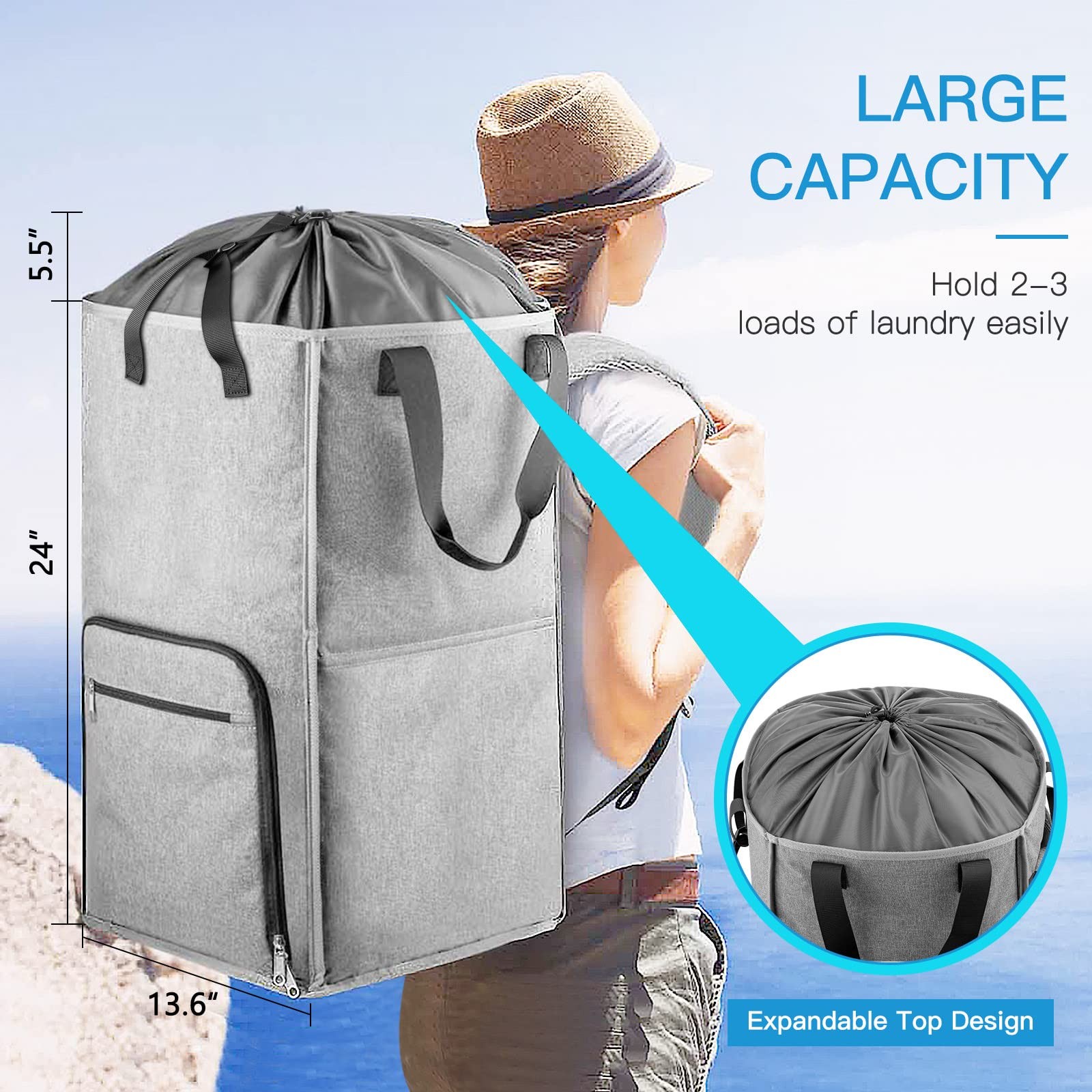 Laundry Backpack Bag, Bukere Extra Large 2 in 1 Hamper X-Large, Gray