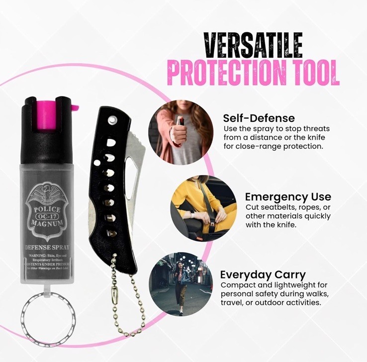 Pocket Knife AND Police Magnum Pepper Spray Safety Lock Self Defense Security