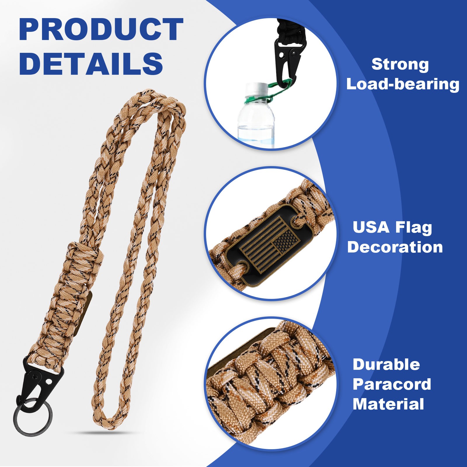 2Pcs Paracord Lanyard, Strong Lanyard with USA Flag, Desert Camouflage