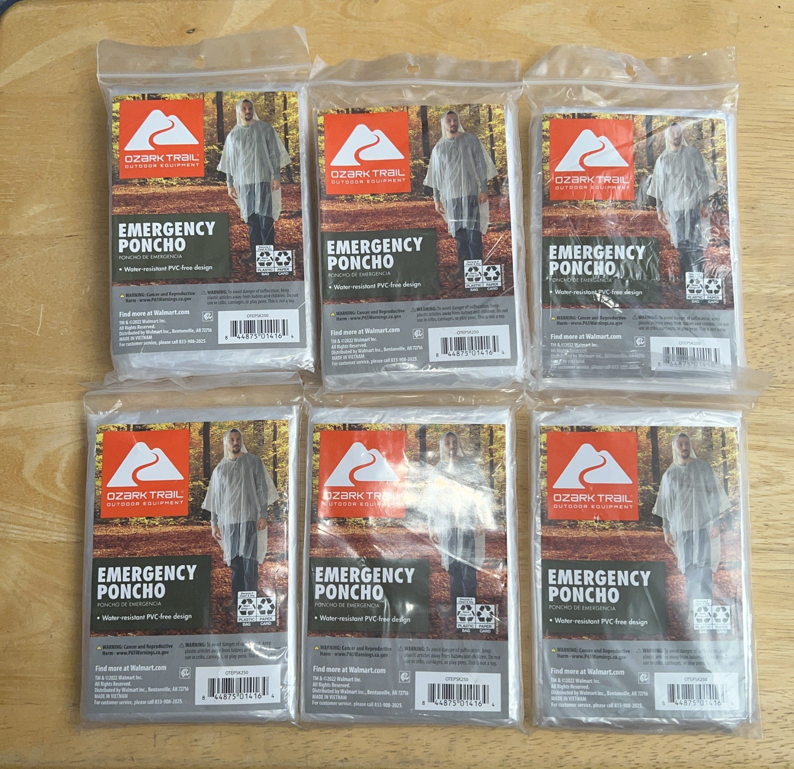 Ozark Trail NIOP Emergency Ponchos Lot Of 6, Clear, Water Resistant PVC Free