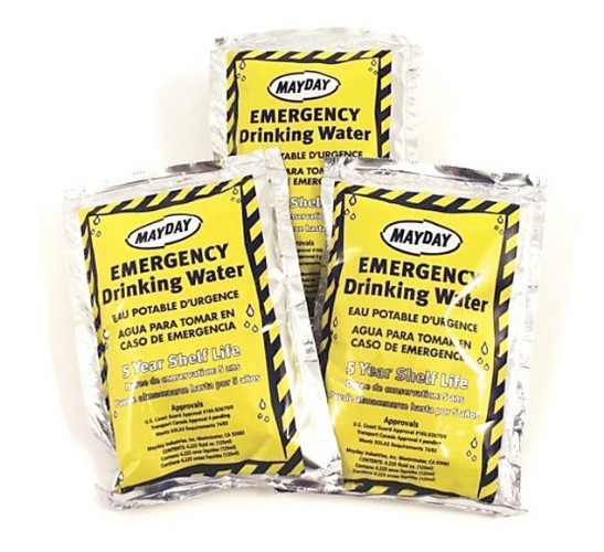 Mayday Emergency Drinking Water 4.225 oz Pouches 100/Case 5 Year Shelf