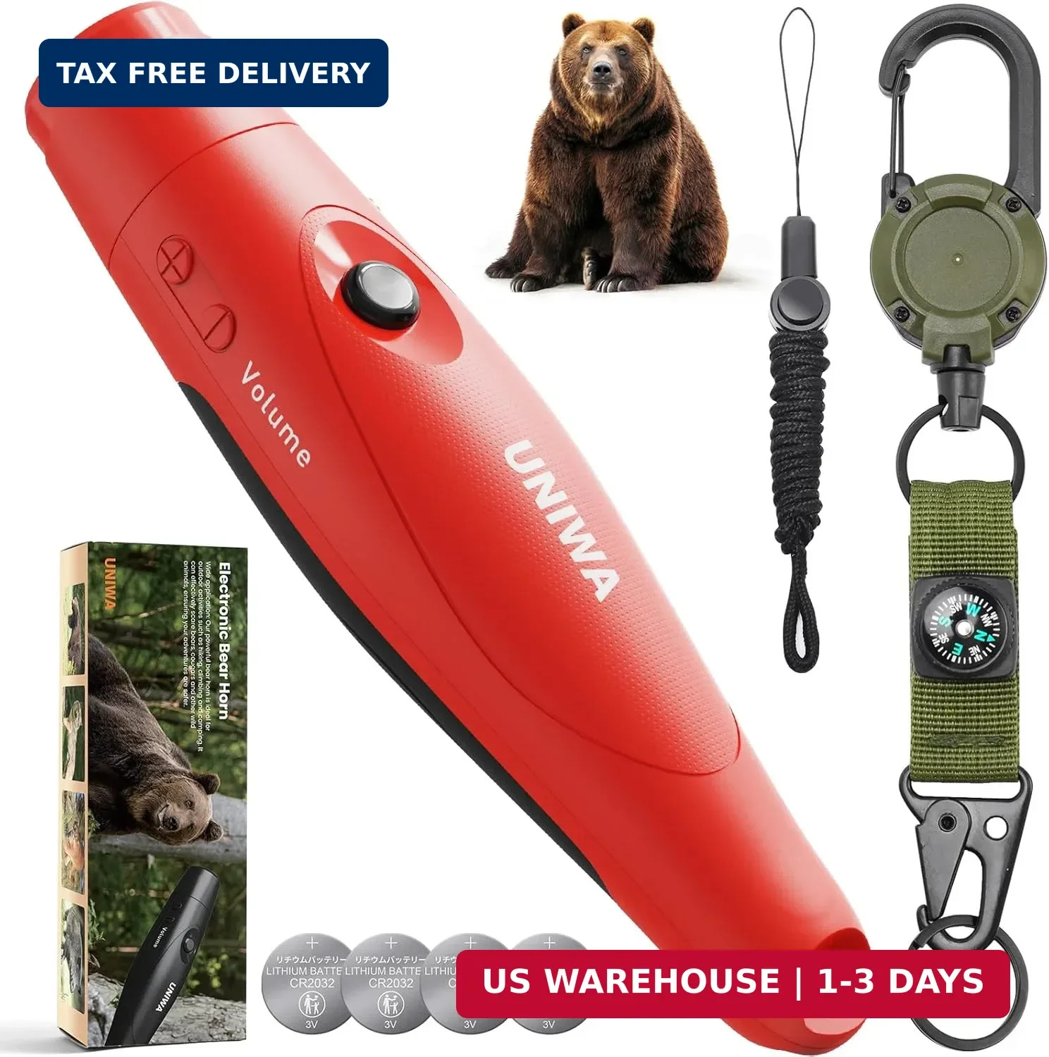 UNIWA Bear Horn – 125± dB Loud Safety Alarm with Compass & Retractable Hook, Com