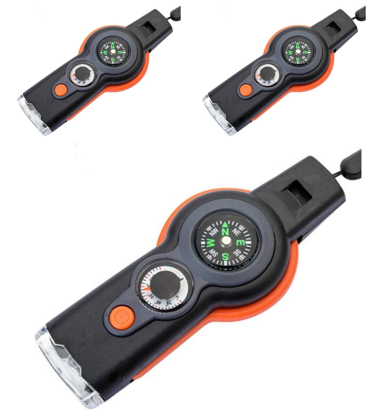 7 in 1 Military Survival Whistle Compass Magnifier Thermometer Keychain 3 Pack