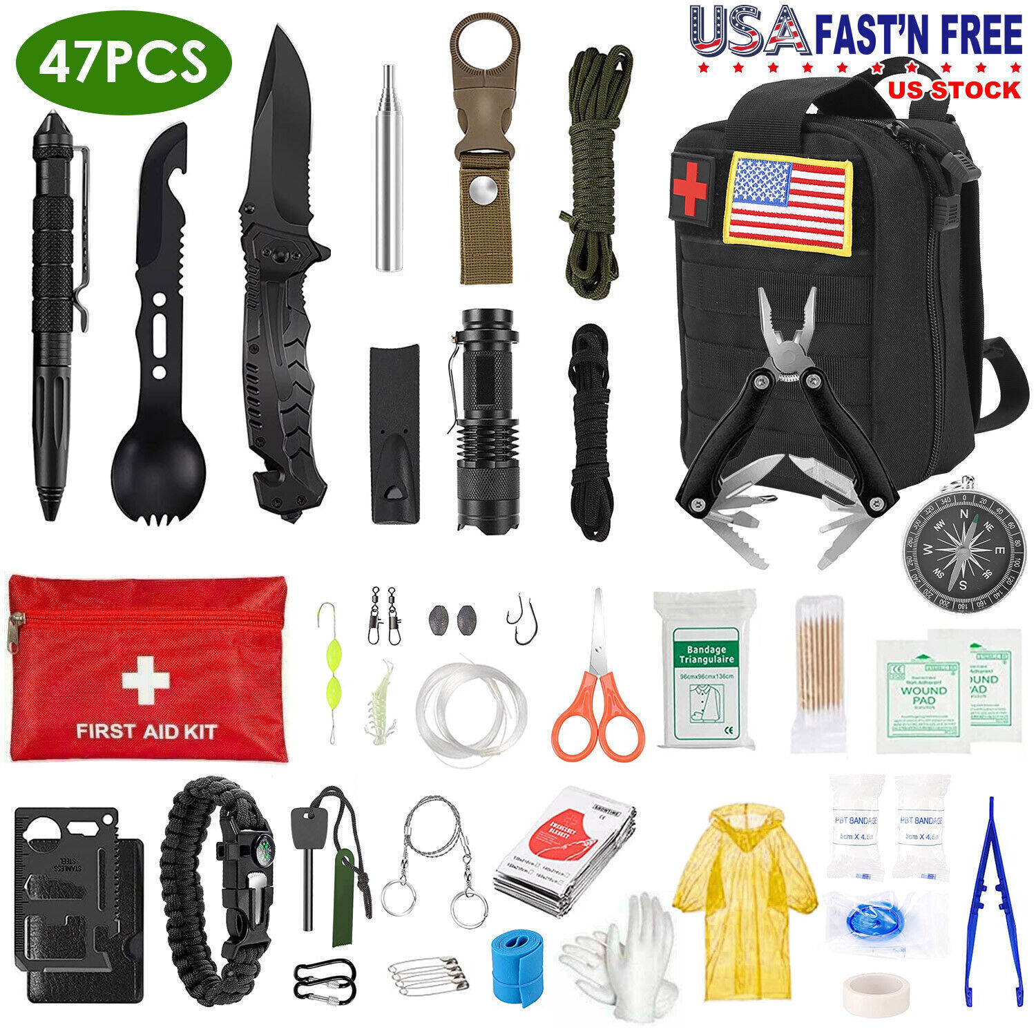 47PCS Outdoor Emergency Survival Ki Gear Equipment Tool First Aid Supplies Tools