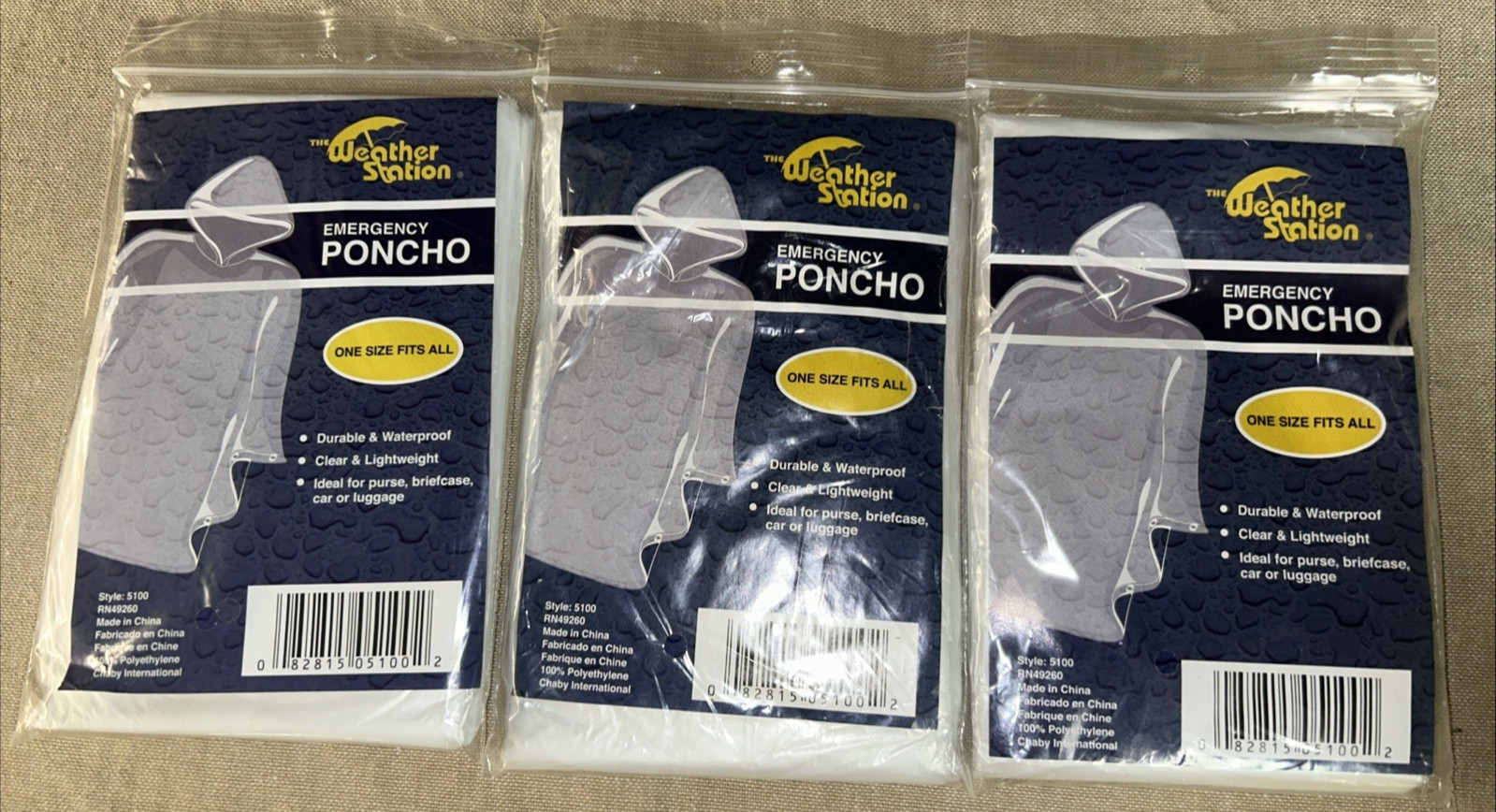 3 Pack- Weather Station Emergency Poncho Clear Lightweight ~ One Size Fits All