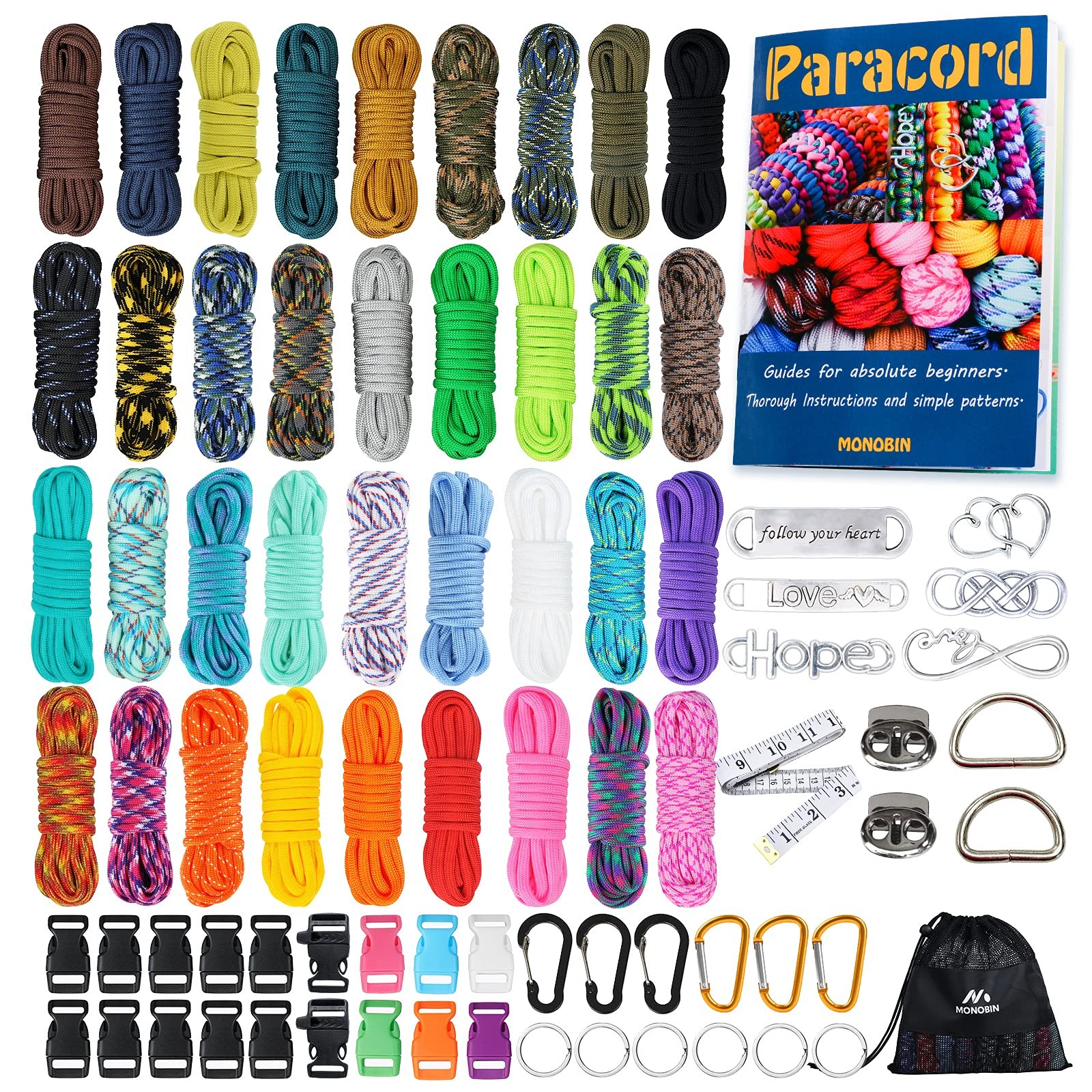 MONOBIN Paracord, 550 Paracord Combo Kit with Instruction Book B, 36 Colors-b