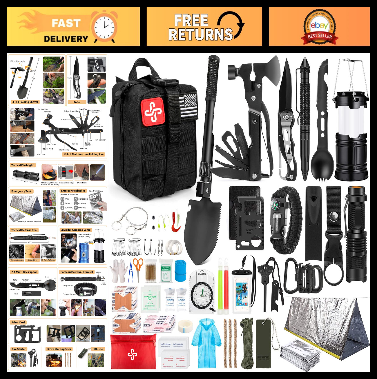 250Pcs Survival Gear Kit with Molle Bag & Emergency Tent – First Aid, Hiking, Ou