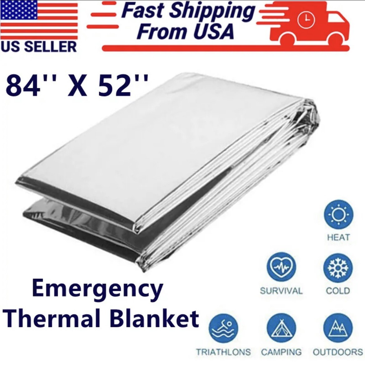 Emergency BLANKET Thermal Survival Safety Insulating Mylar Heat 84″ X52″ (Pair)