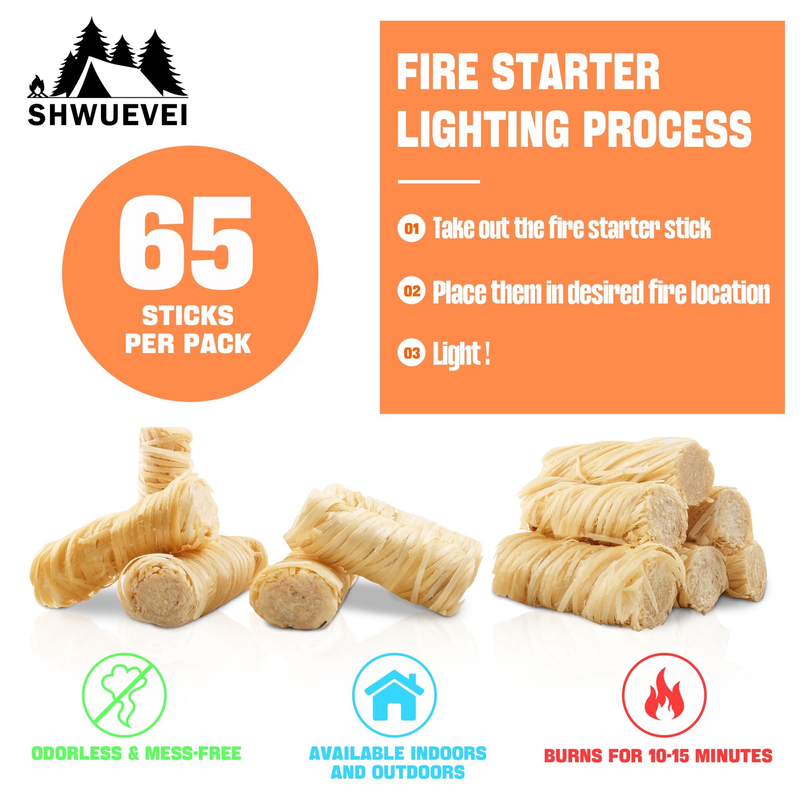 Shwuevei 65 PCS Natural Wood Fire Starter Camping BBQ Fireplace Fire Starter Kit
