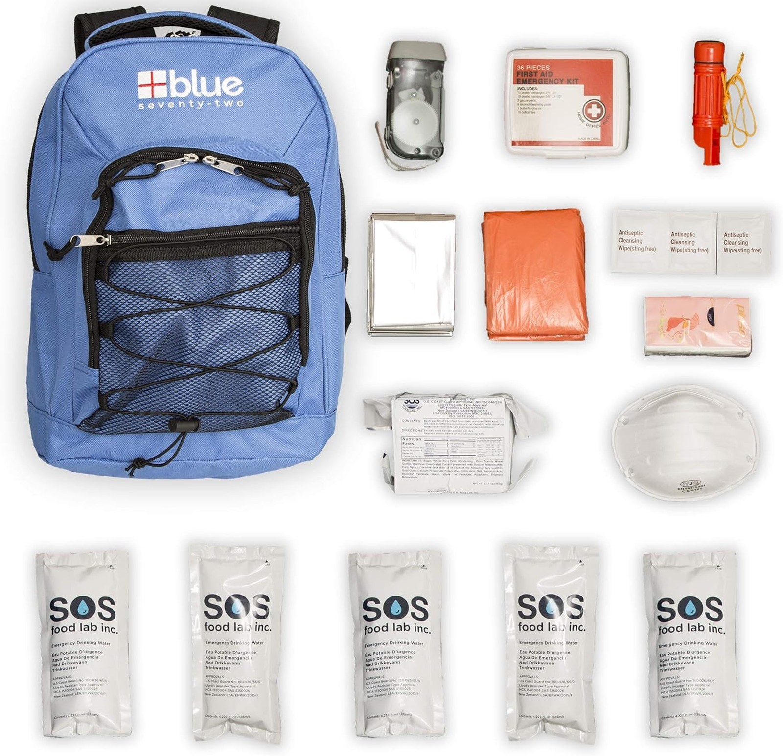 72 Hour Emergency Backpack Survival Kit for One Person with Food Water First Aid