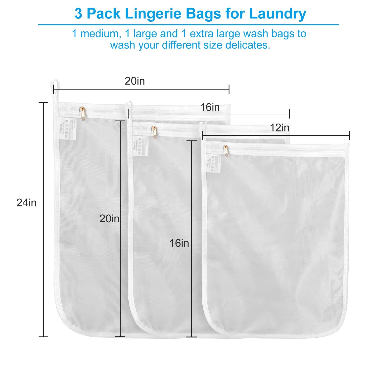 GOGOODA Delicates Laundry Bags, 3 set (1 Medium, 1 Large, 1Xlarge), White
