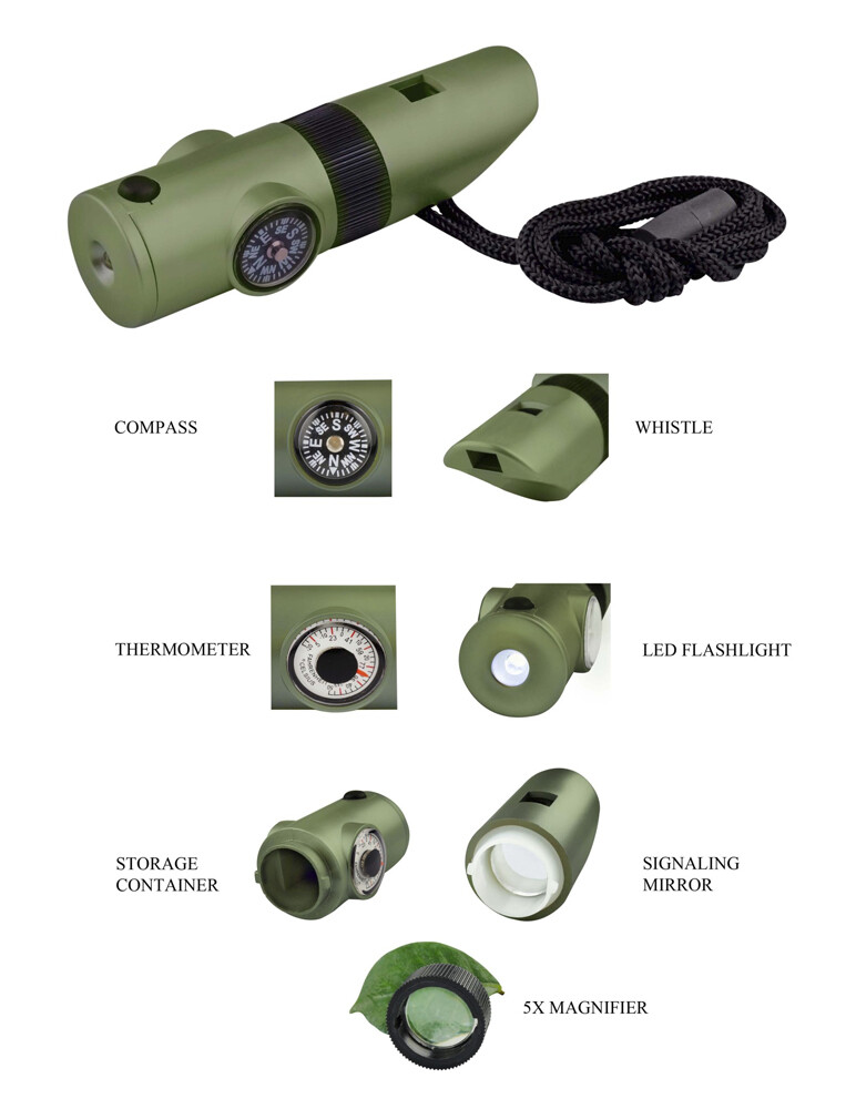 2PK 7-In-1 Camping Survival Whistle Compass Thermometer LED Flashlight Magnifier
