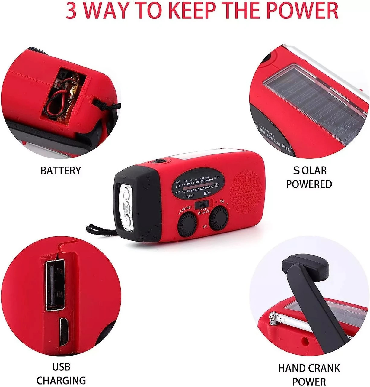 Emergency Crank Solar Power Bank Charger Flash Light Radio Hand Weather 1000mAh