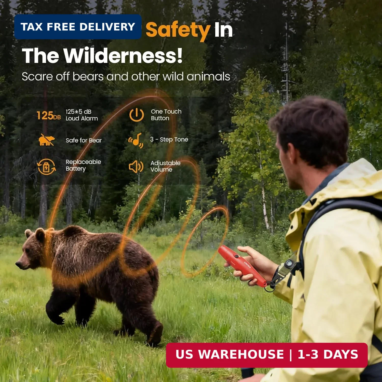 UNIWA Bear Horn – 125± dB Loud Safety Alarm with Compass & Retractable Hook, Com