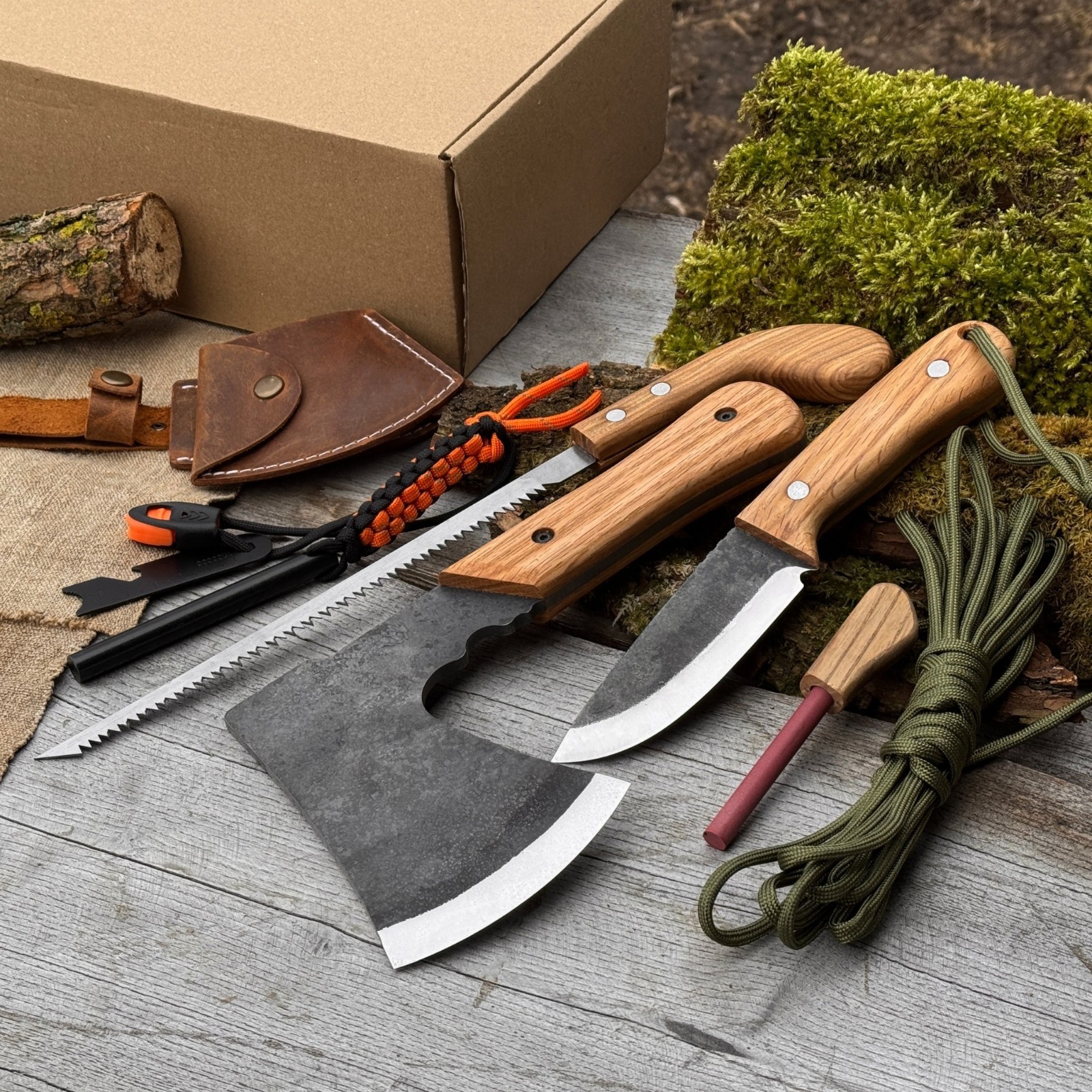 6pc All in One Camping Gear Set 9.84” Axe 9” Bushcraft Knife Saw Ferro Rod