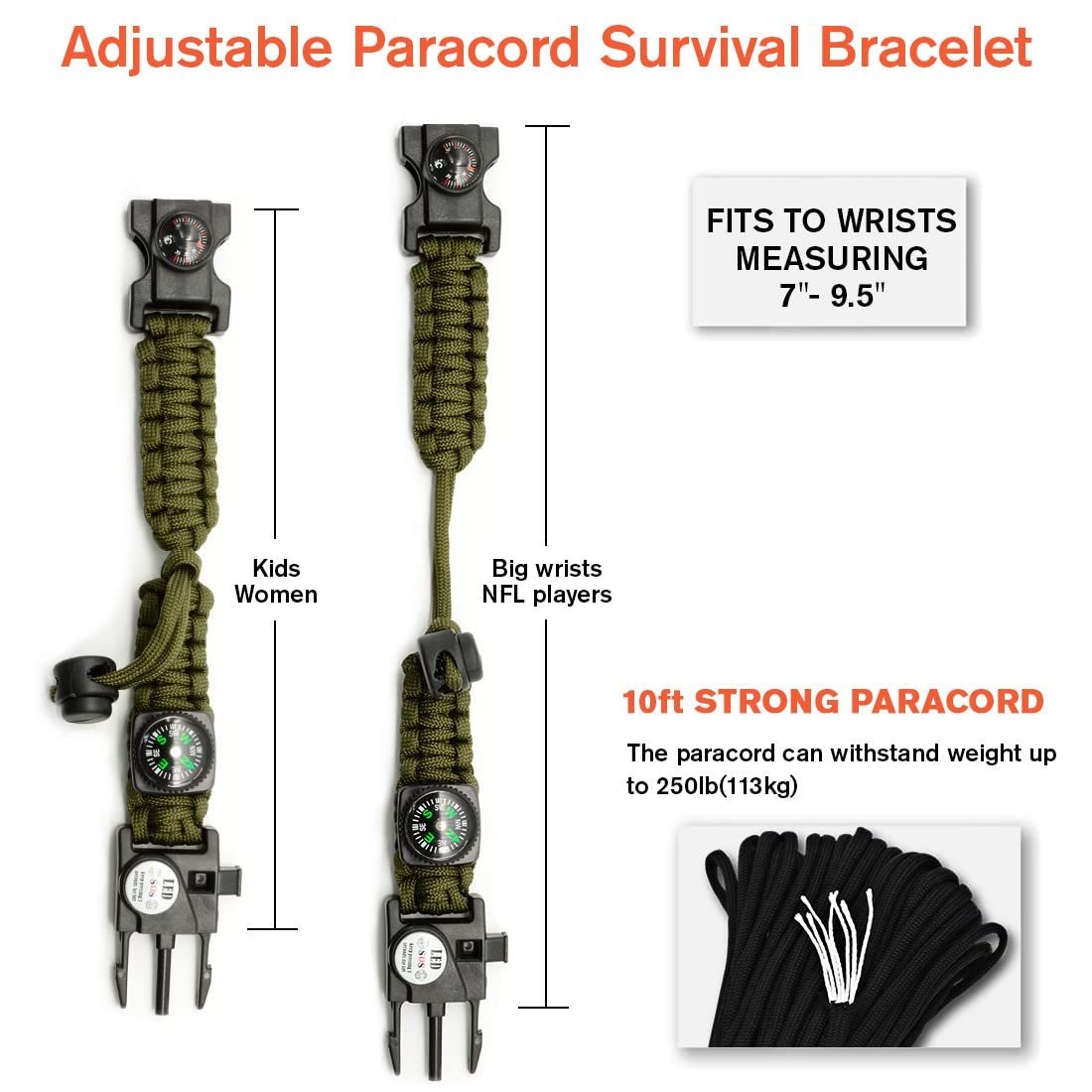 20 in 1 Survival Paracord Bracelet Adjustable Gear Kit with SOS LED Light, Fire